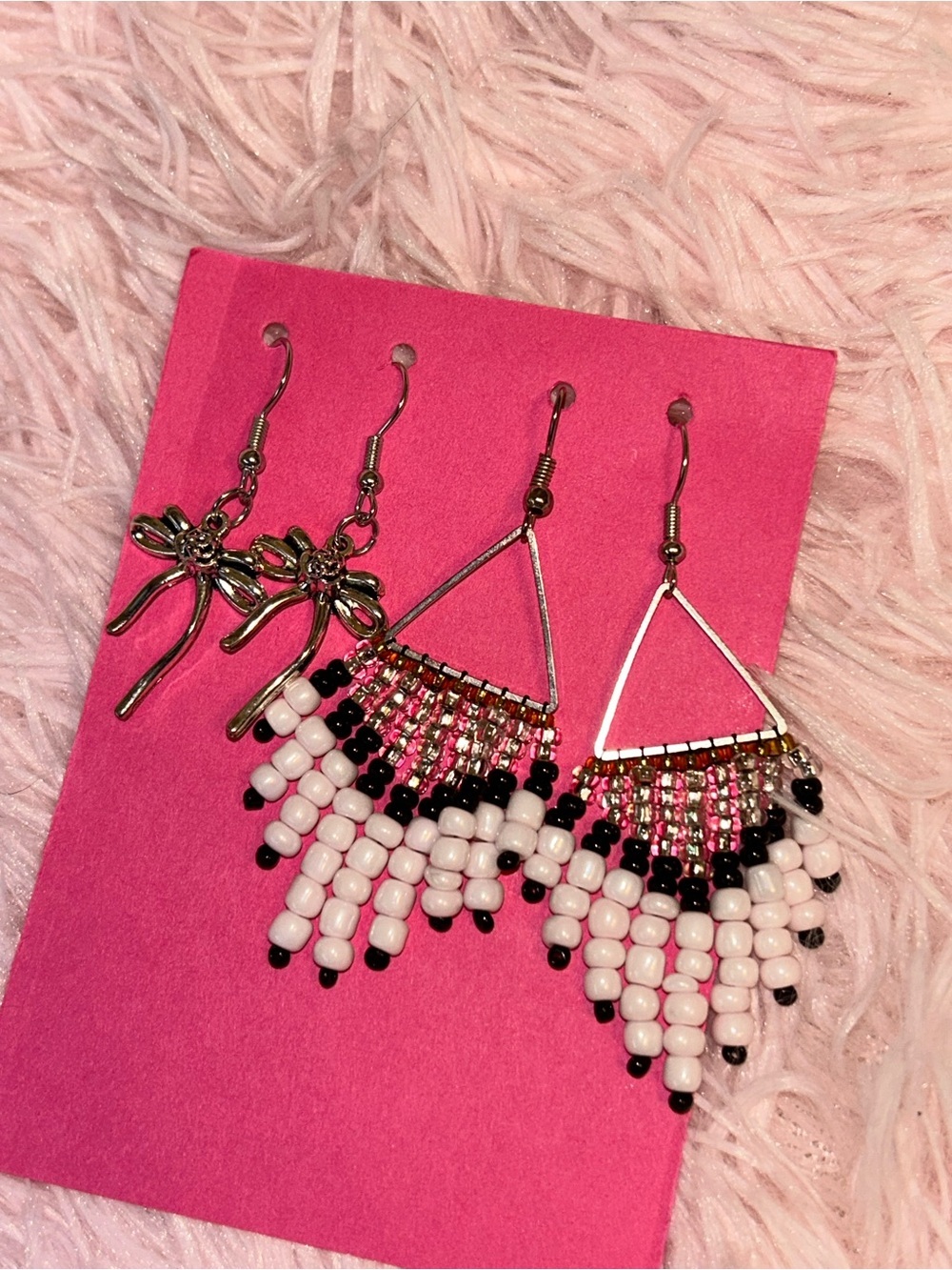 Light pink and black fringe earring set